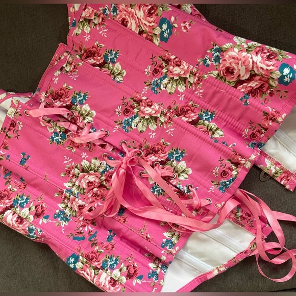 Vintage Floral Denim Overbust Corset Bustier with matching G-String - Picture 10 of 13